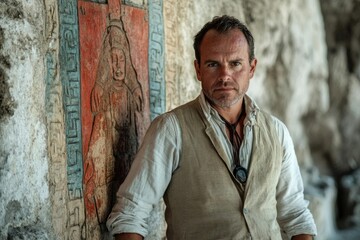 Fototapeta premium A man in a vest stands beside ancient Mayan wall paintings, showcasing historical preservation and cultural heritage.