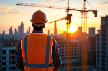 Construction worker looks at active building site at sunset. Man in safety vest, hard hat observes cranes, skyscrapers under construction. Cityscape background. Pro builder watches progress. Site
