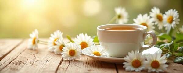 Cup of chamomile herbal tea. White teacup with beverage and daisy flowers stands on wooden table, blurred light background. Herbal medicine, healthy lifestyle, relaxing spa therapy and natural drink.