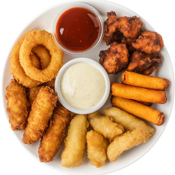 A plate of assorted fried snacks including onion rings, mozzarella sticks, chicken tenders, and dipping sauces, isolated on a white background.  
