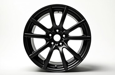 Side view of black car wheel against white backdrop. Aluminum alloy rim auto part. Stylish automobile wheel design. Vehicle tire for transport, automotive industry and tuning performance shops.