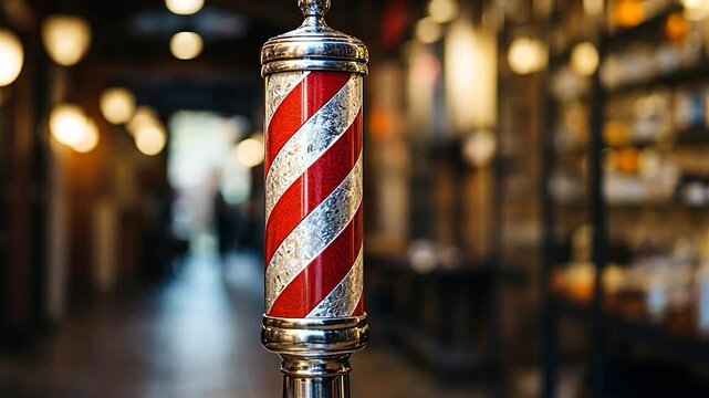 Red and silver barber pole on wooden surface in a vintage barbershop.