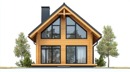 A sleek, modern A-frame cabin with a black metal roof and large windows, surrounded by trees blanketed in snow