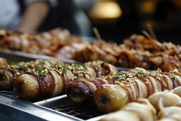 Grilled skewered meats with vegetables garnished with herbs and nuts