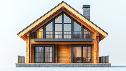 In a modern architectural rendering, a wooden cabin is presented with a captivating A-frame structure, large windows, and a sleek black roof