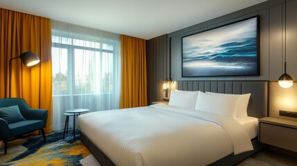 Fototapeta premium A bed with yellow accent pillows, neatly made, in a modern bedroom setting during the day