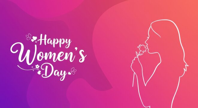 Design for Women's Day a white color silhouette of a woman holding a flower and there is elegant white cursive text that reads Happy Women's Day background is a gradient of pink and purple shades