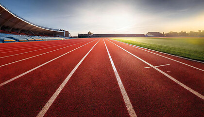 Athletics stadium with a red track. Starting line. Red runway. World Championships in Athletics. Olympics.