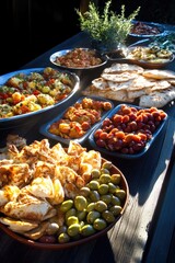 Obraz premium Assorted mediterranean dishes on rustic wooden table