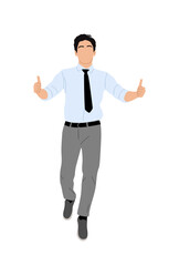 Business man character walking, showing thumbs up, like gesture. Excited Handsome man wearing shirt, tie. Vector realistic illustration isolated 
