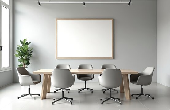 Mockup of office meeting room with wooden table, grey chairs and empty white frame on the wall. Modern interior, nobody inside. Conference room for coworking, negotiations and brainstorming.