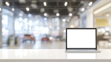 white laptop with blank white screen. Background blurred white desk car showroom. 