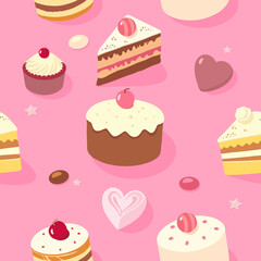 Seamless background of cakes, pastries and hearts