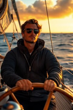 A skilled sailor steering a luxury yacht through the open sea. The yacht cuts through the deep blue waves under a golden sunset