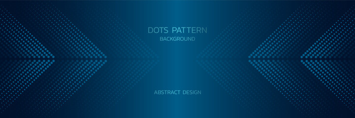 Abstract pattern dots arranged rows resembling arrows towards the center on glowing dark blue background. Line design with shiny circles, modern, futuristic technology feel, horizontal cover, signs.