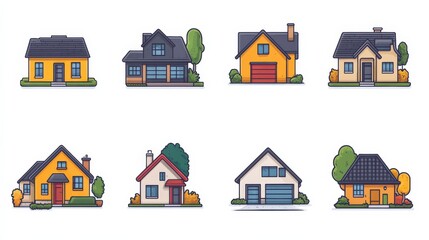 Fototapeta premium Colorful collection of illustrated houses showcasing various architectural styles and designs