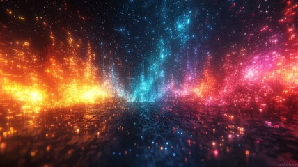 Naklejka premium Vibrant abstract landscape of glowing particles in dynamic colors, creating a mesmerizing visual experience perfect for tech and creative projects.