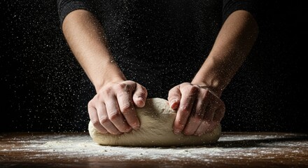 A pair of hands kneading dough on a wooden surface, covered in flour, with small clouds of flour in the air, set against a dark background.

