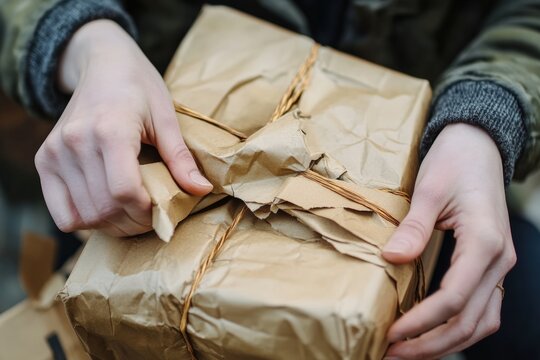 Damaged package being opened by robotic hand in a modern environment. Generative AI
