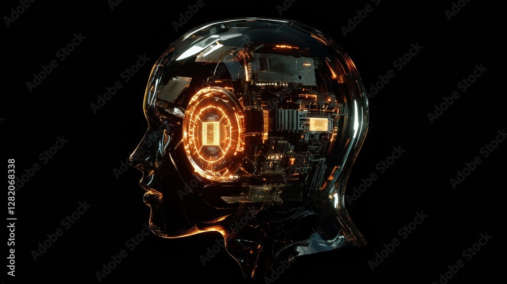 Fototapete Side profile of a human head revealing intricate mechanical structures and glowing robotic eye in a futuristic design. Generative AI