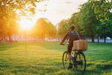 Obraz premium Delivery cyclist taking a break in park during sunset. Generative AI