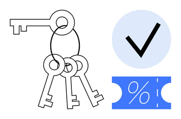 Keys on a ring, checkmark in a circle, and a discount ticket with a percentage symbol. Ideal for security, access control, validation, approval, discounts promotions sales. Clean abstract line flat