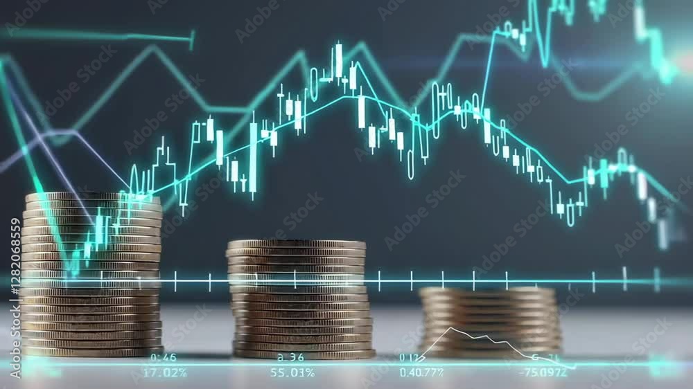 Poster Coin stacks of various heights change over time, illustrating market volatility, with a dynamic stock market graph in slow motion as backdrop