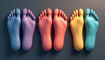 Pairs of colorful feet of different pastel colors, blue, purple, pink, orange, yellow. Funky, bright design concept. Charming, eye-catching composition. Stylish, unique presentation. Groovy radiant