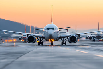 Airplanes at Sunset: A fleet of aircraft lines up on the runway, illuminated by the warm glow of the setting sun, ready for takeoff.