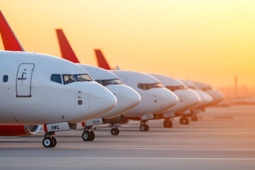 Obraz premium Aircraft Lineup: A row of planes are parked at an airport, bathed in the warm hues of a sunset or sunrise, creating a stunning visual of aviation.