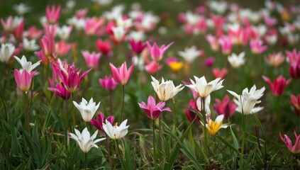 Fototapeta premium A Field Of Pink And White Tulips Blooming Beautifully