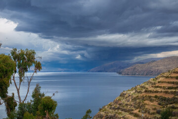 ISLA DEL SOL, LAKE TITICACA, BOLIVIA . A beautiful landscape of island before the storm. 