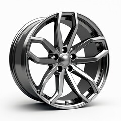 Obraz premium Polished alloy car rim isolated on white background. Automotive wheel with intricate spoke design. Chrome details rim. Sleek style upgrade for vehicle. Perfect for car enthusiasts, design showcase