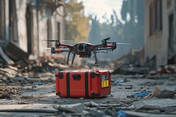 Delivery drone lands with emergency supplies in disaster area. Generative AI