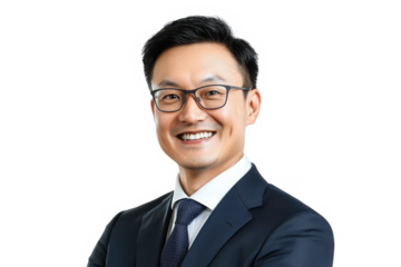 Portrait of a professional businessman in suit wearing glasses, isolated on transparent background 
