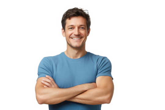Indoor portrait of young european man standing in blue t-shirt with crossed arms, smiling and looking at camera