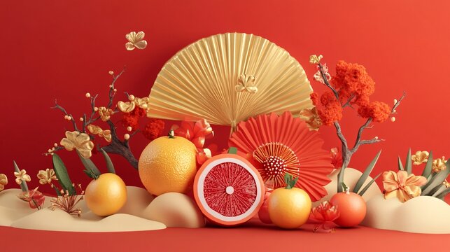 Chinese new year background showing tangerines, flowers and a golden hand fan