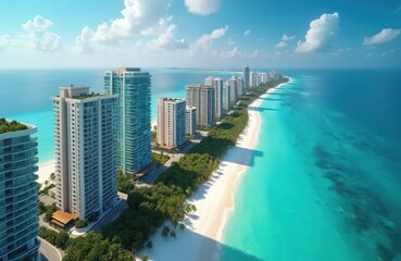 Naklejka premium Aerial view of luxury apartments on coastline with white sand beach and turquoise ocean. Modern city architecture with hotels near sea. Summer vacation resort skyline.