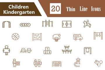 Children kindergarten line stroke editable icon set. Icons containing home schooling, e-learning, playground, science, and online learning etc. Vector illustration. Pictograms and infographics