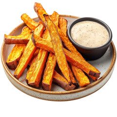Golden sweet potato fries served on a rustic plate with a creamy dipping sauce. A delicious and healthy alternative to classic fries.