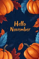 Hello november greeting card with pumpkins and autumn leaves surrounding text on dark blue background