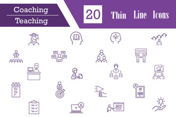 Coaching and teaching line editable icon set. Icons containing training, coaching, mentoring, education, meeting, conference, teamwork, skills, lector, advise, support, and other. Vector illustration