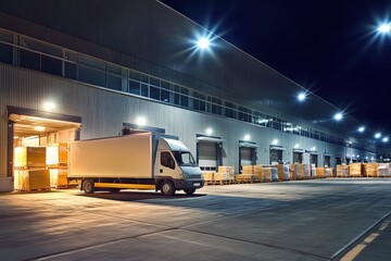 Delivery van unloading goods at a busy warehouse in the evening. Generative AI