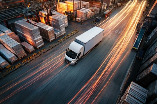 Busy delivery van unloading goods at the warehouse in the evening. Generative AI