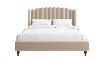 Beige velvet upholstered bed with shell-shaped headboard and wooden legs.