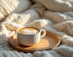 Morning coffee with latte art on wooden tray. Coffee cup on white knitted blanket. Cosy breakfast concept. Good morning vibes. Relaxing indoor composition. Hygge style. Beige and brown colors.