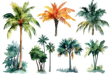 Watercolor Collection Featuring Palm Trees, Leafy Foliage, and Floral Elements