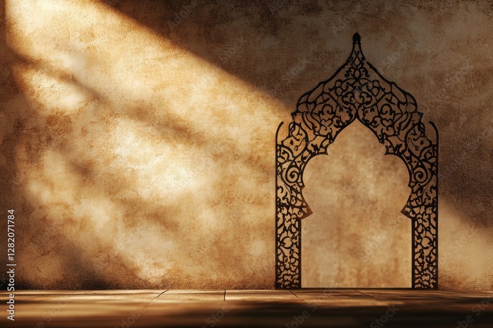 Poster a beautiful play of light creates an arabesque shadow on an earthen wall, highlighting delicate patt