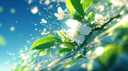 Obraz premium Delicate White Blossoms with Water Droplets Against Blue Sky