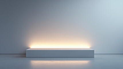 Obraz premium Sleek White Podium Stand in a Clean, Minimalistic Light Gray Room, Illuminated by Soft Diffused Lighting, Designed as a Sophisticated Pedestal for an Exhibition or Product Showcase